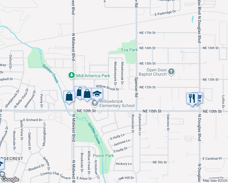map of restaurants, bars, coffee shops, grocery stores, and more near 1012 Willow Brook Drive in Midwest City