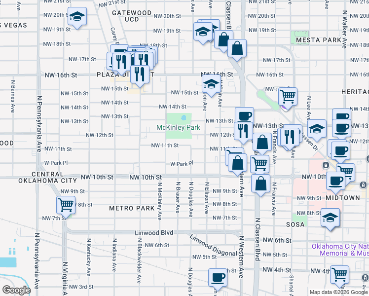 map of restaurants, bars, coffee shops, grocery stores, and more near 1412 Northwest 11th Street in Oklahoma City