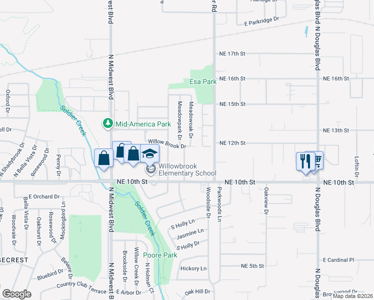 map of restaurants, bars, coffee shops, grocery stores, and more near 1100 Willow Brook Drive in Midwest City