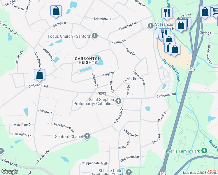 map of restaurants, bars, coffee shops, grocery stores, and more near 2001 Markham Drive in Sanford