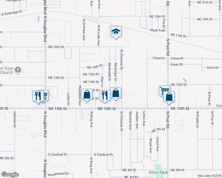 map of restaurants, bars, coffee shops, grocery stores, and more near 1225 Mcdonald Drive in Midwest City
