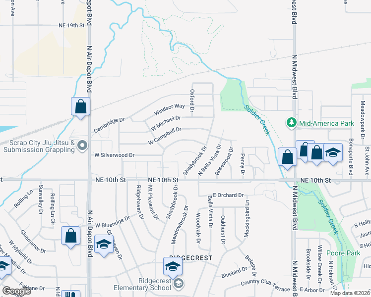 map of restaurants, bars, coffee shops, grocery stores, and more near 211 Shadybrook Place in Midwest City