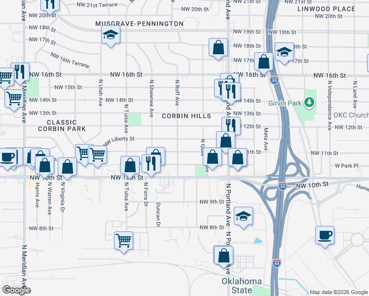 map of restaurants, bars, coffee shops, grocery stores, and more near 3835 Northwest 11th Street in Oklahoma City
