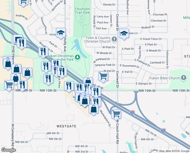 map of restaurants, bars, coffee shops, grocery stores, and more near 2509 West Olympic Drive in Yukon