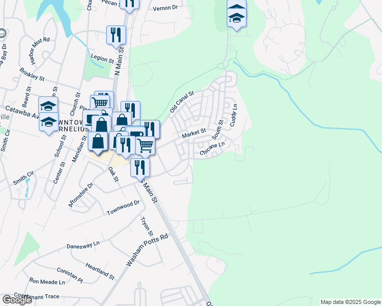 map of restaurants, bars, coffee shops, grocery stores, and more near 20141 Lamp Lighters Way in Cornelius