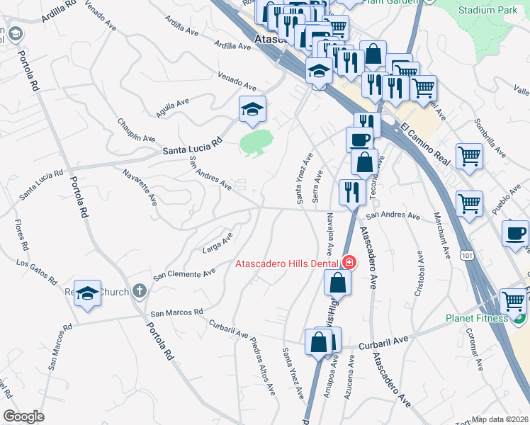 map of restaurants, bars, coffee shops, grocery stores, and more near 7220 San Andres Avenue in Atascadero