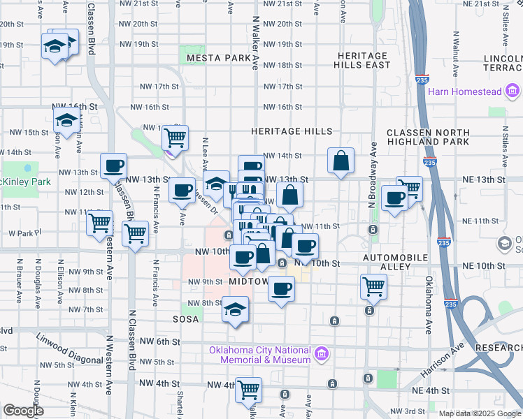 map of restaurants, bars, coffee shops, grocery stores, and more near 1220 North Walker Avenue in Oklahoma City