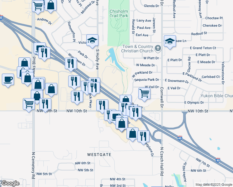map of restaurants, bars, coffee shops, grocery stores, and more near 2100 South Holly Avenue in Yukon