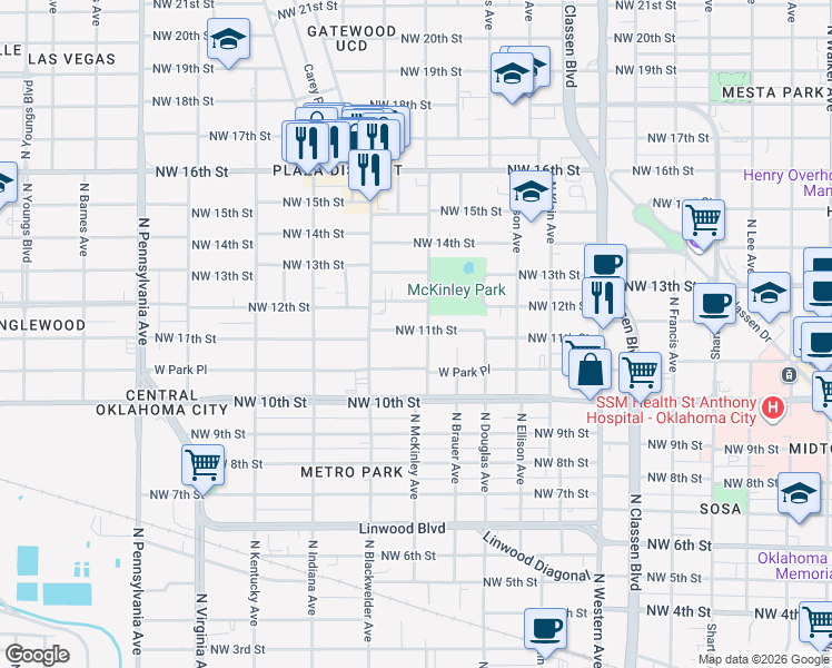 map of restaurants, bars, coffee shops, grocery stores, and more near 1615 Northwest 11th Street in Oklahoma City