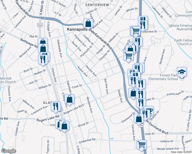 map of restaurants, bars, coffee shops, grocery stores, and more near 1120 Desoto Avenue in Kannapolis