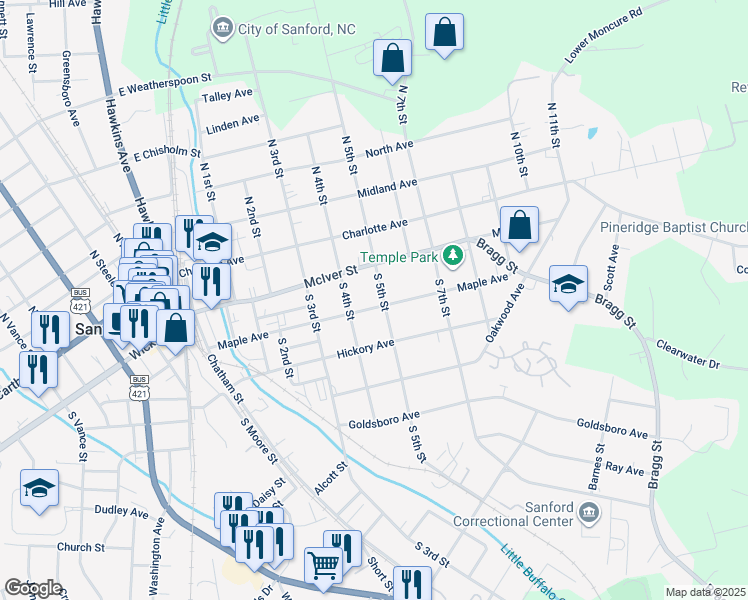 map of restaurants, bars, coffee shops, grocery stores, and more near 329 Maple Avenue in Sanford