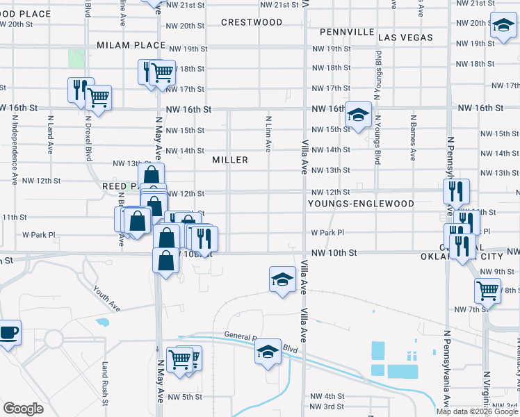 map of restaurants, bars, coffee shops, grocery stores, and more near 2625 Northwest 11th Street in Oklahoma City