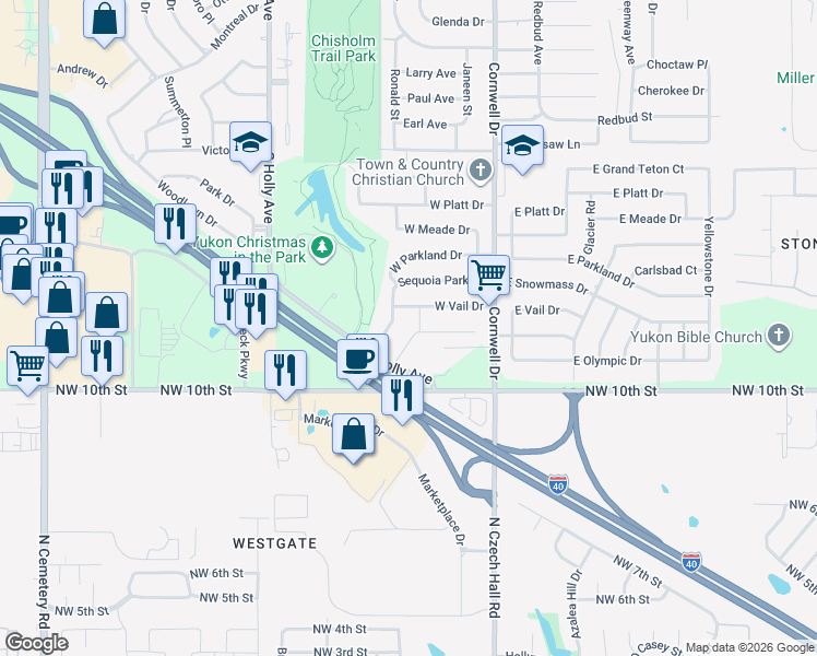 map of restaurants, bars, coffee shops, grocery stores, and more near 2509 W Olympic Dr in Yukon