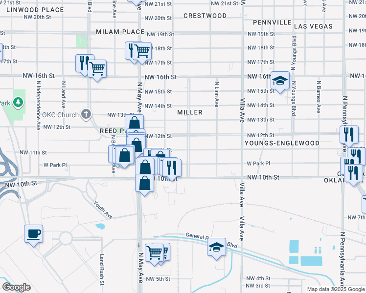 map of restaurants, bars, coffee shops, grocery stores, and more near 1201 North Miller Boulevard in Oklahoma City