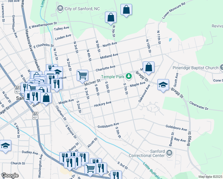 map of restaurants, bars, coffee shops, grocery stores, and more near 329 Maple Avenue in Sanford
