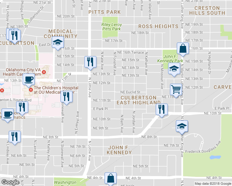 map of restaurants, bars, coffee shops, grocery stores, and more near 1428 Euclid Street in Oklahoma City