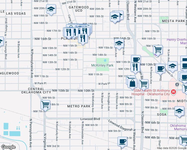 map of restaurants, bars, coffee shops, grocery stores, and more near 1615 Northwest 11th Street in Oklahoma City