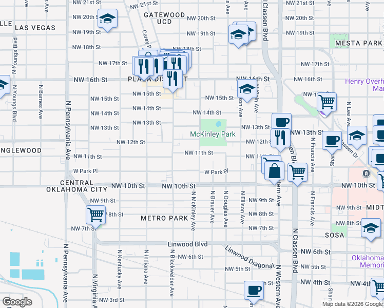 map of restaurants, bars, coffee shops, grocery stores, and more near 1615 Northwest 11th Street in Oklahoma City