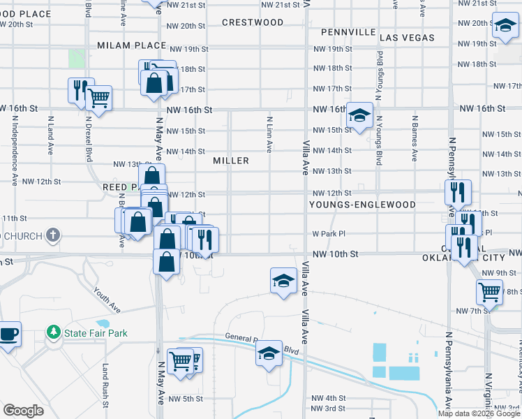 map of restaurants, bars, coffee shops, grocery stores, and more near 2625 Northwest 11th Street in Oklahoma City