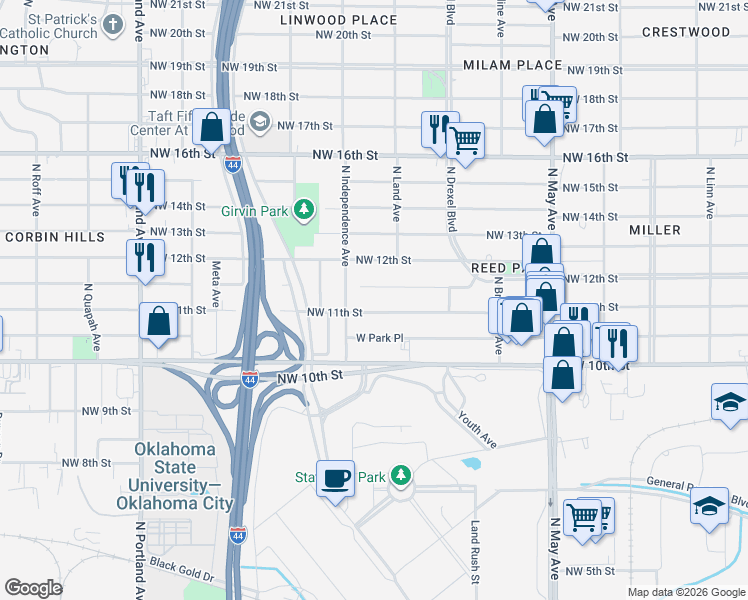 map of restaurants, bars, coffee shops, grocery stores, and more near 3226 Drexel Court in Oklahoma City