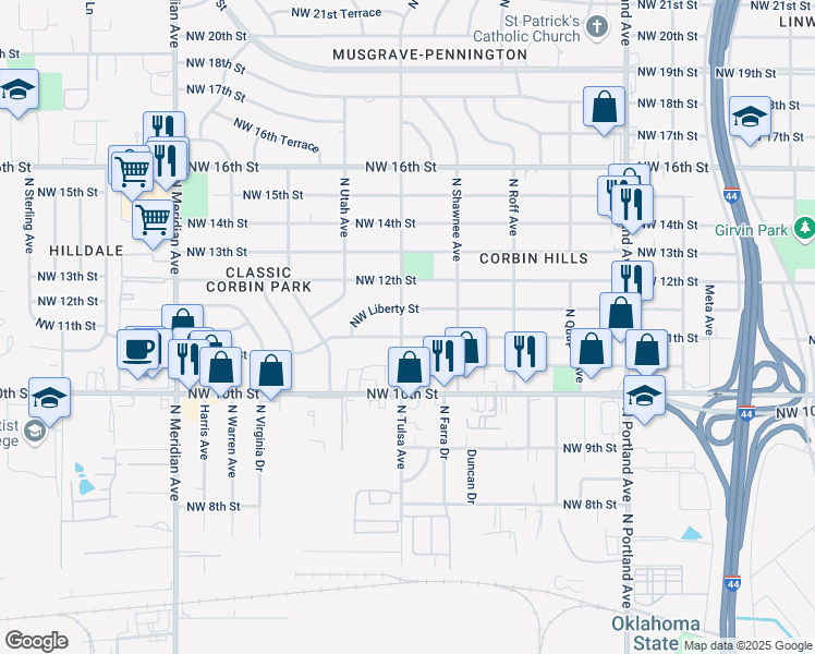 map of restaurants, bars, coffee shops, grocery stores, and more near 4033 Northwest 11th Street in Oklahoma City