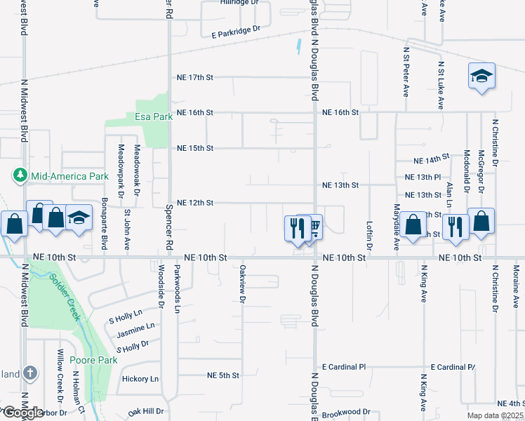 map of restaurants, bars, coffee shops, grocery stores, and more near 1233 Cathy Lane in Midwest City