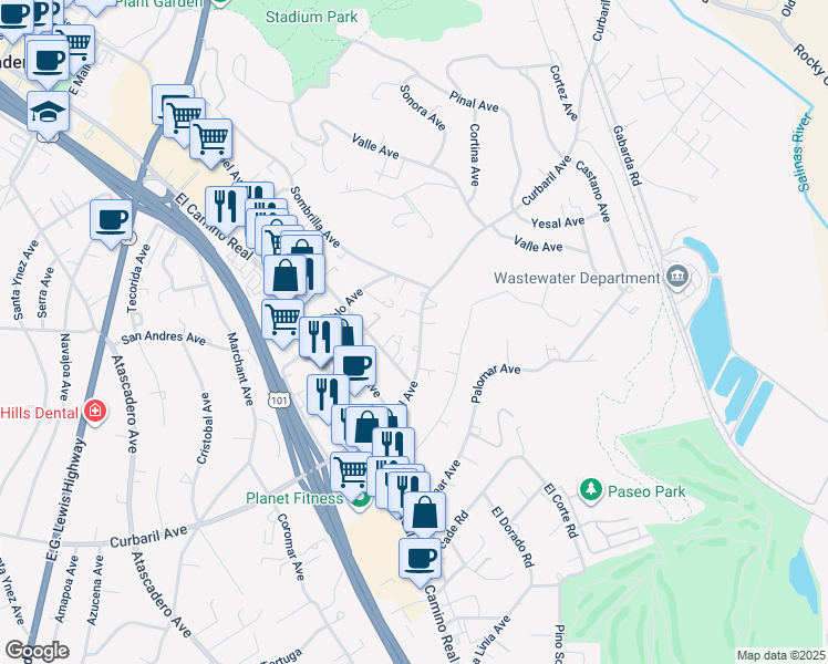 map of restaurants, bars, coffee shops, grocery stores, and more near 8955 Curbaril Avenue in Atascadero