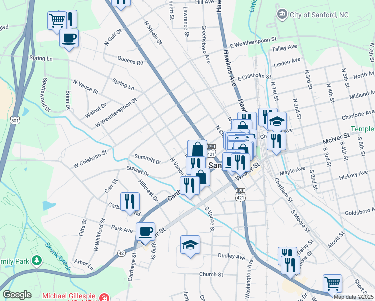 map of restaurants, bars, coffee shops, grocery stores, and more near 319 Summitt Drive in Sanford