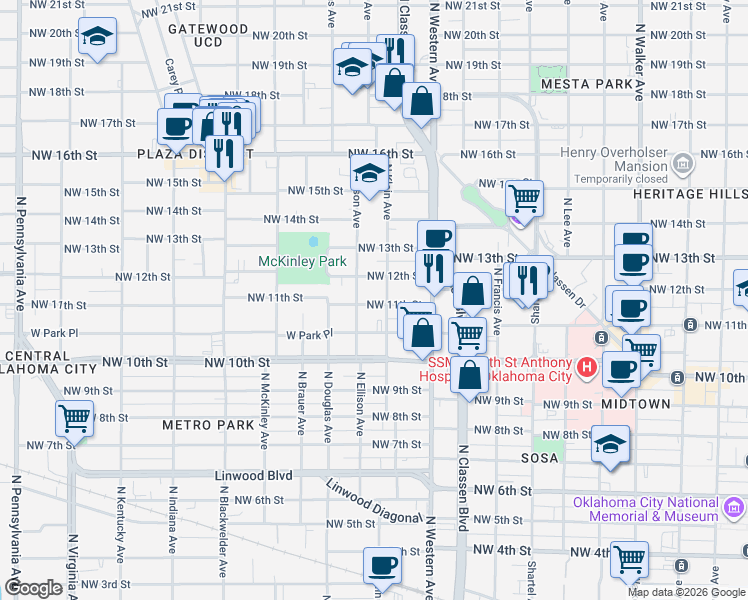 map of restaurants, bars, coffee shops, grocery stores, and more near 1229 Northwest 11th Street in Oklahoma City