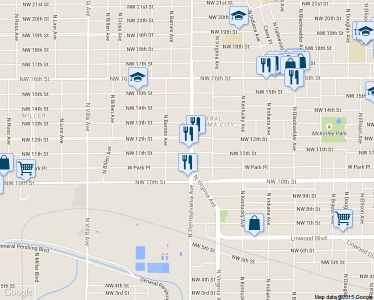 map of restaurants, bars, coffee shops, grocery stores, and more near 1201 N Pennsylvania Ave in Oklahoma City