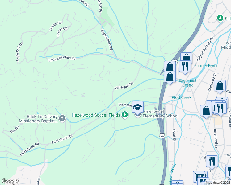 map of restaurants, bars, coffee shops, grocery stores, and more near 313 Will Hyatt Road in Waynesville