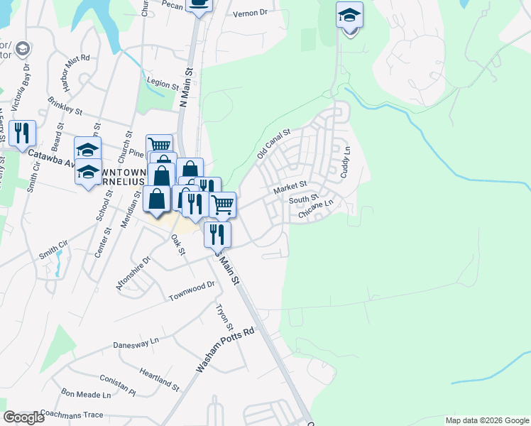 map of restaurants, bars, coffee shops, grocery stores, and more near 22415 Market Street in Cornelius