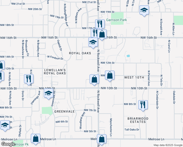 map of restaurants, bars, coffee shops, grocery stores, and more near 7119 Northwest 11th Street in Oklahoma City