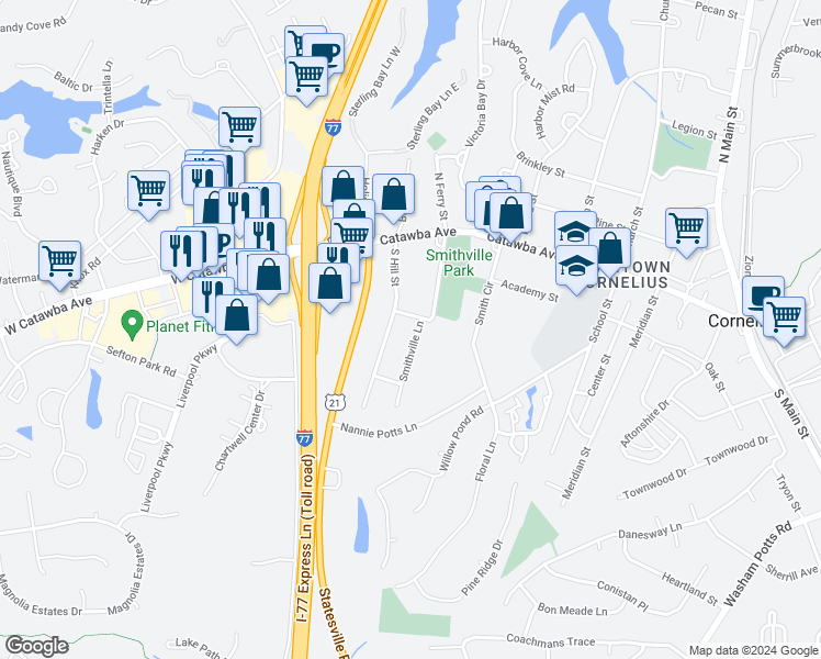 map of restaurants, bars, coffee shops, grocery stores, and more near 19519 Smithville Lane in Cornelius