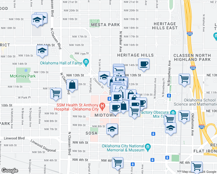 map of restaurants, bars, coffee shops, grocery stores, and more near 528 Northwest 12th Street in Oklahoma City