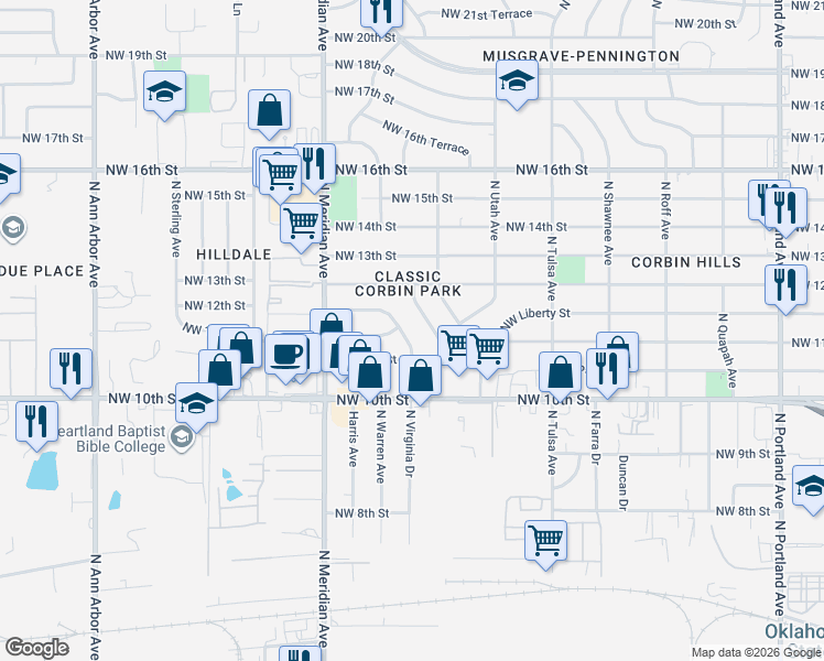 map of restaurants, bars, coffee shops, grocery stores, and more near 1216 North Warren Place in Oklahoma City