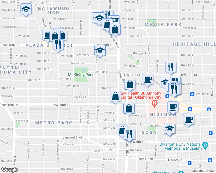 map of restaurants, bars, coffee shops, grocery stores, and more near 1133 Northwest 11th Street in Oklahoma City