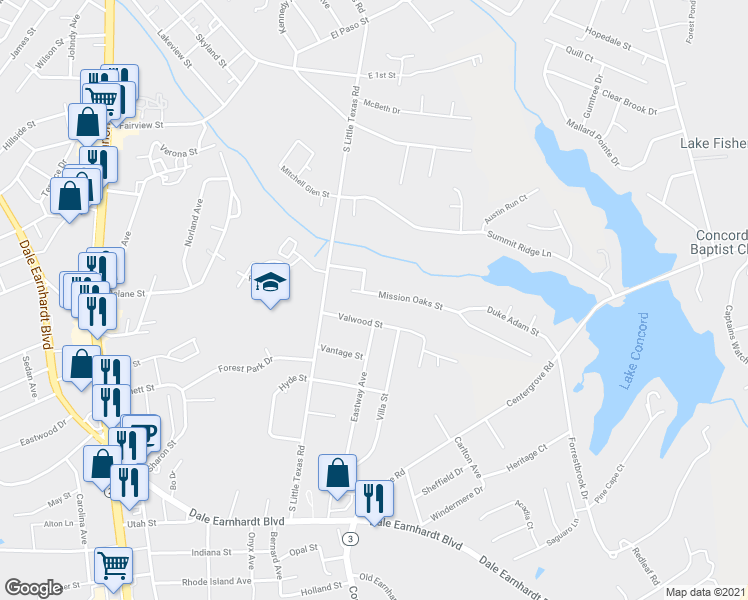 map of restaurants, bars, coffee shops, grocery stores, and more near 1726 Mission Oaks Street in Kannapolis