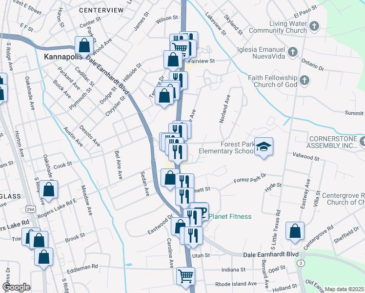 map of restaurants, bars, coffee shops, grocery stores, and more near 1011 South Cannon Boulevard in Kannapolis