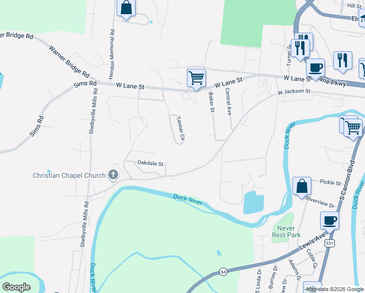 map of restaurants, bars, coffee shops, grocery stores, and more near 124 Tanner Circle in Shelbyville