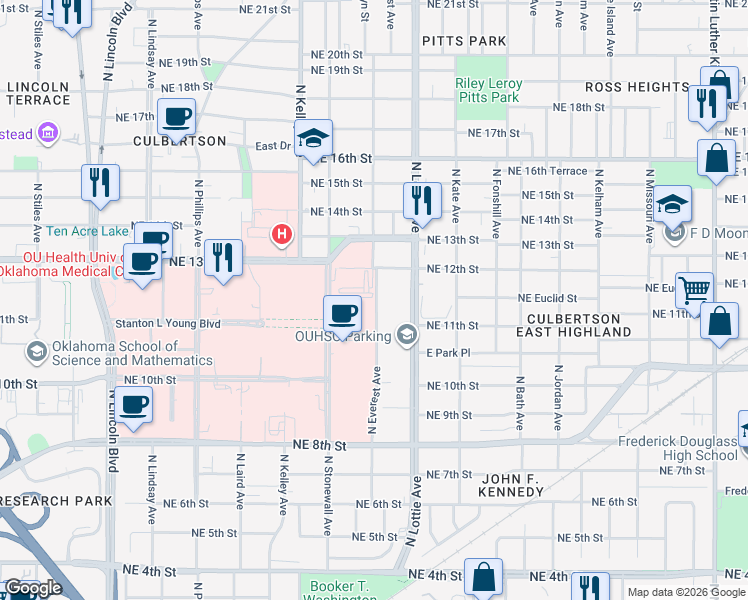 map of restaurants, bars, coffee shops, grocery stores, and more near Northeast 11th Street in Oklahoma City