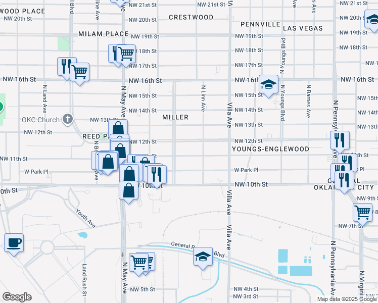 map of restaurants, bars, coffee shops, grocery stores, and more near 2625 Northwest 11th Street in Oklahoma City
