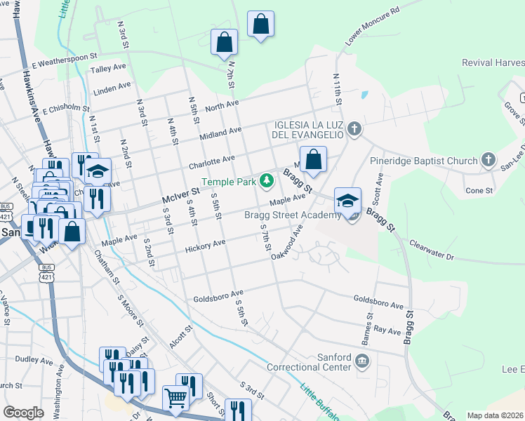 map of restaurants, bars, coffee shops, grocery stores, and more near 301 South 7th Street in Sanford