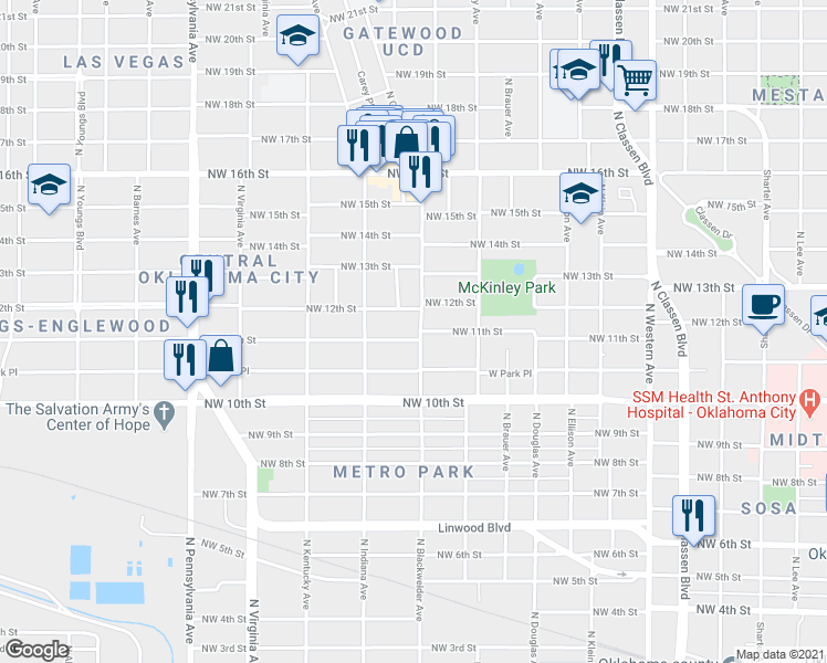 map of restaurants, bars, coffee shops, grocery stores, and more near 1209 North Blackwelder Avenue in Oklahoma City