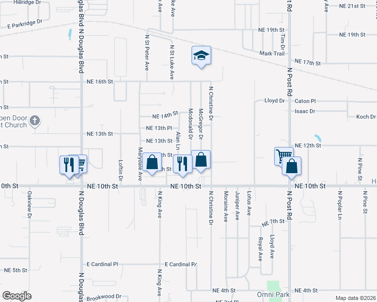 map of restaurants, bars, coffee shops, grocery stores, and more near 1225 Mcdonald Drive in Midwest City