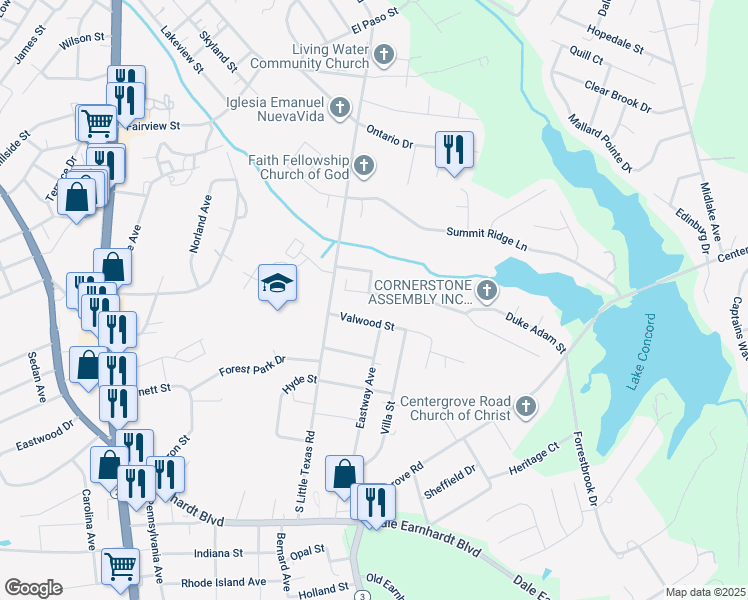 map of restaurants, bars, coffee shops, grocery stores, and more near 1718 Mission Oaks Street in Kannapolis