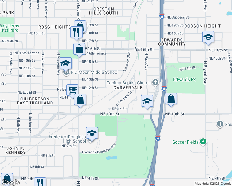 map of restaurants, bars, coffee shops, grocery stores, and more near 1161 Bellevidere Drive in Oklahoma City