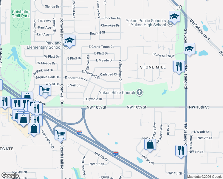 map of restaurants, bars, coffee shops, grocery stores, and more near 2401 Acadia Court in Yukon