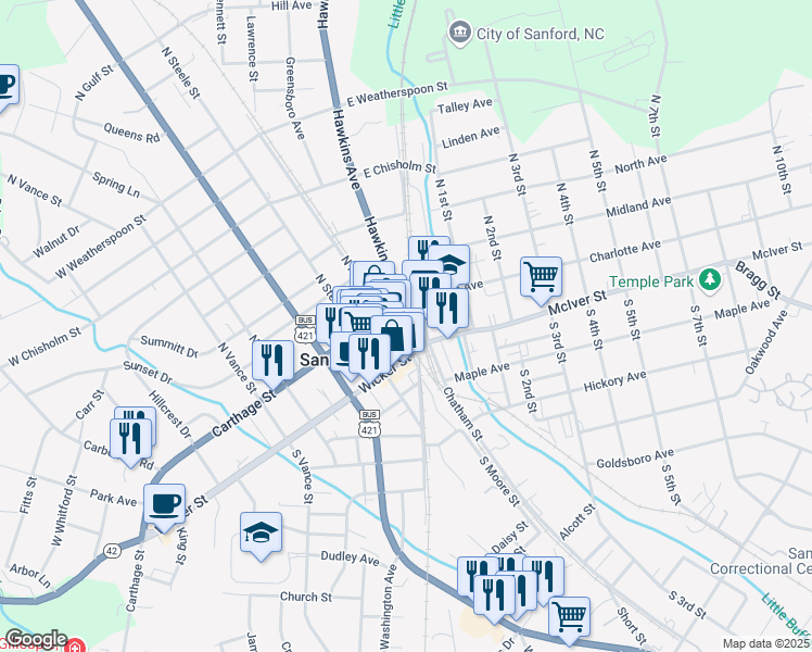 map of restaurants, bars, coffee shops, grocery stores, and more near 106 Charlotte Avenue in Sanford