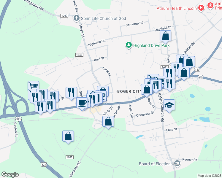 map of restaurants, bars, coffee shops, grocery stores, and more near 205 Little Street in Lincolnton